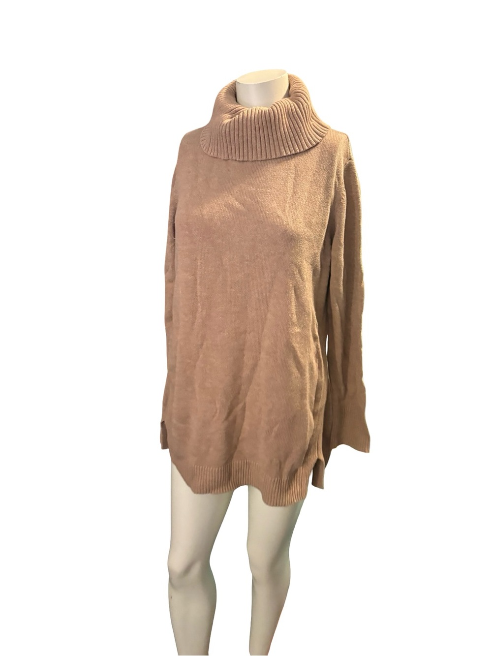QVC Tan Cream Ribbed Cowl-Neck Sweater Tunic